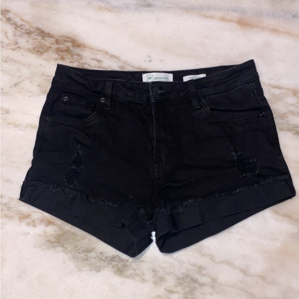 RE Generation Distressed Black Denim Shorts